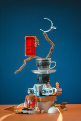 Trinkets and keepsakes tower with an old photo camera, red phone booth, tea cups, chess figure and...