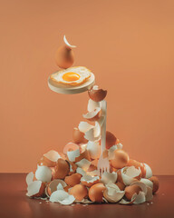 Pile of egg shells with a fried egg balancing on a fork, equilibrium, creative food photo
