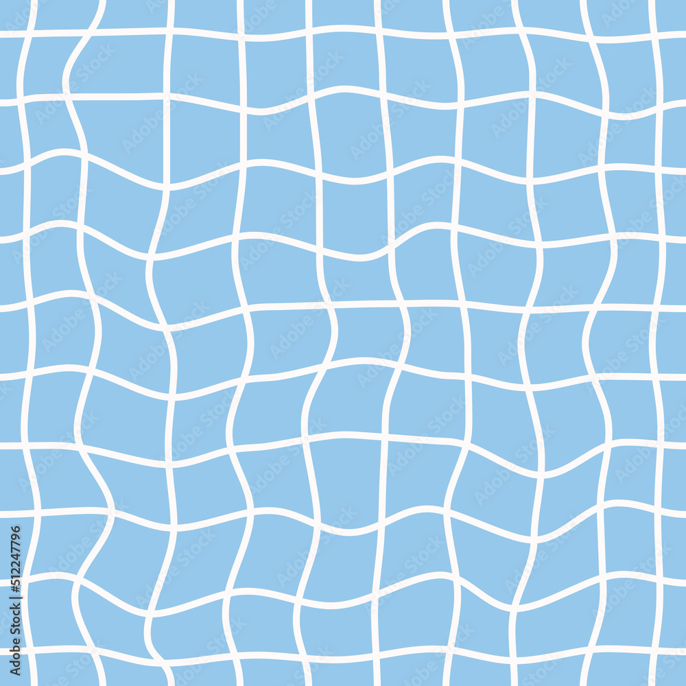 Poster Minimalistic checkered seamless pattern with white wavy distorted grid on a blue background.  Vector linear geometric background