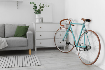 Fototapeta na wymiar Interior of light living room with bicycle, grey sofa and chest of drawers