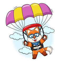 Cartoon illustration of a cute fox flying with a parachute
