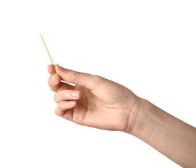 Woman holding bamboo toothpick on white background