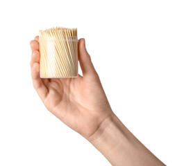 Woman holding box with bamboo toothpicks on white background