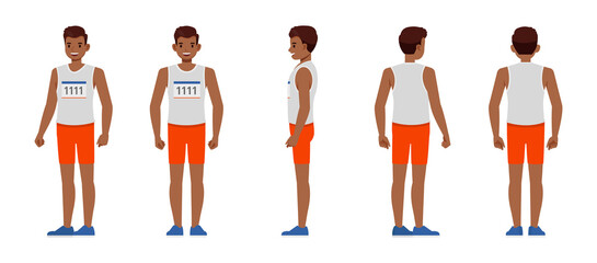 Fototapeta na wymiar Set of Runner man character vector design. Presentation in various action with emotions, running, standing and walking.