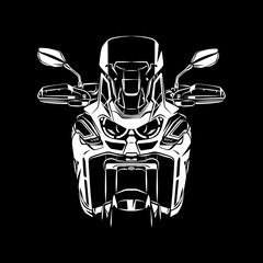 Adventure Sports Motorcycle Touring Silhouette Front View on Black Background. Perfect for print and cut on t-shirt, background, banner, posters, web, etc.