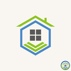 Simple and unique hexagon with roof house, window and stairs image graphic icon logo design abstract concept vector stock. Can be used as symbol related to home property or home