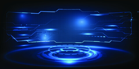 Vector illustrations of virtual digital futuristic glowing neon stage with digital element around and curve empty screen for advertising and game artwork.Future technology and innovation concepts. © Alleachday