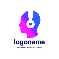 Logo home studio. Stylish asian man, listening music in headphones on mobile phone app. Flat illustration. Vector. Computer. 03