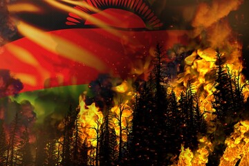 Forest fire natural disaster concept - flaming fire in the trees on Malawi flag background - 3D illustration of nature