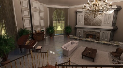 Great hall big foyer with fireplace and piano 3d illustration