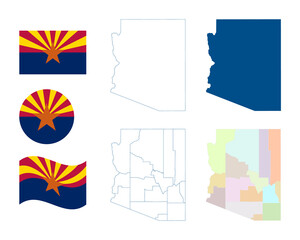 Arizona map. Detailed blue outline and silhouette. Administrative divisions and counties. Flag of Arizona. Set of vector maps. All isolated on white background. Template for design and infographics.