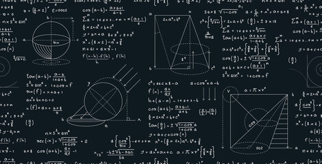 Seamless background vector education with mathematical formula equations on a blackboard. - obrazy, fototapety, plakaty