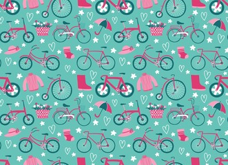 Hipster Doodles Colorful Seamless Pattern with bicycle drawing