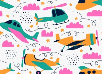  hand-drawn seamless repeating children simple pattern with aircraft  © andin