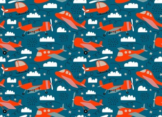  hand-drawn seamless repeating children simple pattern with aircraft 