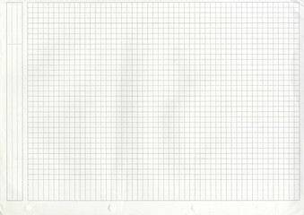 High resolution large image of a white uncoated checkered graph paper scan weathered beige tint thin textbook paper page with gray checkers copy space for text for presentation high quality wallpaper