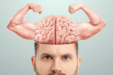 Male face and brain shows biceps, brain power, human organ. Concept training memory, intelligence,...