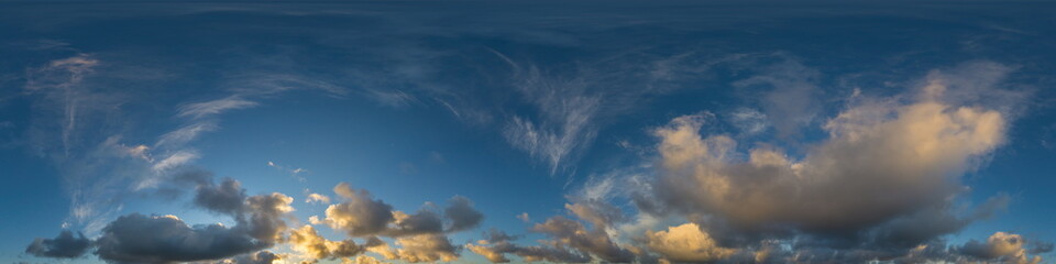 Dark blue sunset sky panorama with Cumulus clouds. Seamless hdr pano in spherical equirectangular format. Complete zenith for 3D visualization, game and sky replacement for aerial drone 360 panoramas.