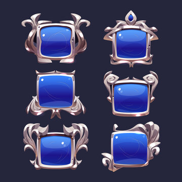 Blue buttons with silver decorative frames for rpg game interface. Vector cartoon set of square award badges, glossy achievement labels with fantasy metal borders isolated on background