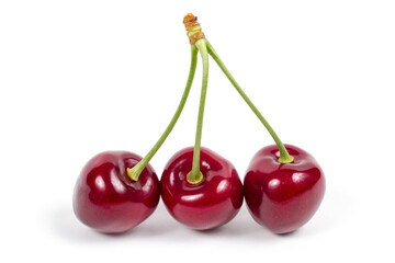Three ripe cherries on a white background.