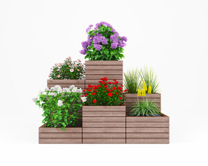 Wooden flower bed for plants. White background.