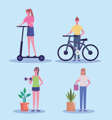 four women practicing activities