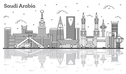 Outline Saudi Arabia City Skyline with Historic and Modern Buildings and Reflections Isolated on White.
