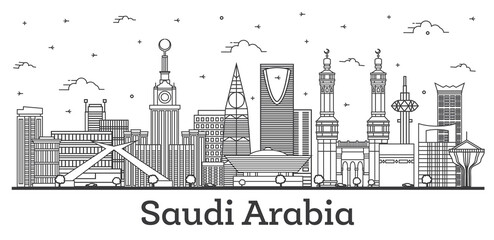 Outline Saudi Arabia City Skyline with Historic and Modern Buildings Isolated on White.