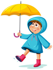 A boy wearing raincoat and holding umbrella
