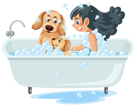 A girl taking a bath with a dog