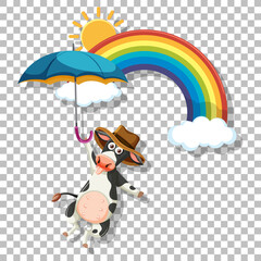 A cow holding umbrella and rainbow