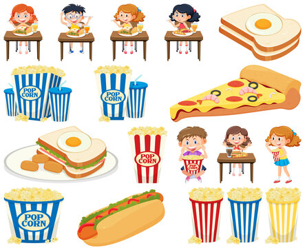 Set of different junk foods and kids