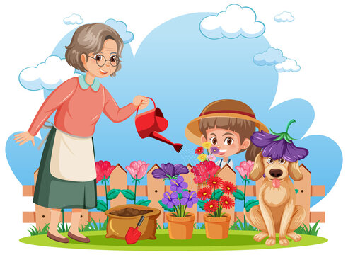 A girl and grandmother gardening