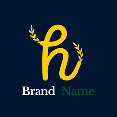 Creative simple logo yellow letter h grow branched leaves on dark blue background