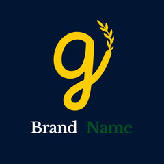 Creative simple logo yellow letter g grow branched leaves on dark blue background