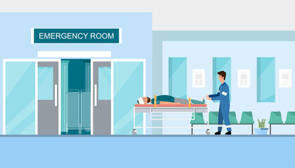 A man is taking the patient to emergency room at the hospital. vector illustration cartoon character