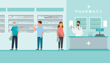pharmacy with pharmacist and client in counter.