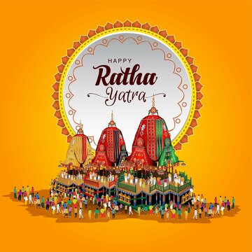 Indian festival Ratha Yatra of Lord Jagannath, Balabhadra and Subhadra on Chariot with people. vector illustration design