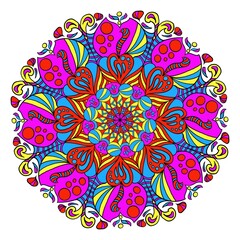 Colorful Mandala style pattern, purple blue yellow red, for coloring book or meditation.