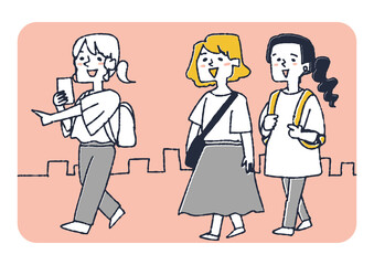 
スマホで探したお店に向かう女性旅行客　複数人で行く楽しい旅の思い出
