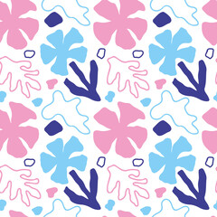 Simple abstract cut flowers, lines and shapes. Hand drawn seamless vector pattern. Modern illustration in doodle style for fabric, paper design. Delicate pink and blue colors on a white background