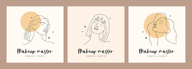 Set of logos design for makeup artist or master. Abstract woman faces with closed eyes. Hand drawn outline female silhouettes. Vector illustration in one line drawing style.