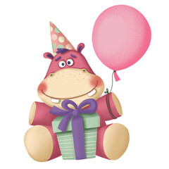 Cute pink cartoon hippo sitting with a gift and a balloon