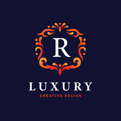 Gold badge initial letter R logo luxury calligraphic vector image
