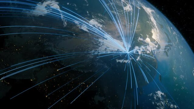 Earth in Space. Blue Lines connect Xi'an, China with Cities across the World. Global Travel or Communication Concept.