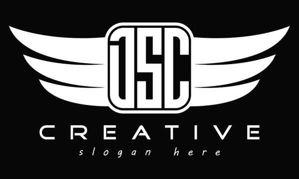 DSC Three letter Wing minimal typography font Monogram emblems flying logo Design. Vector template