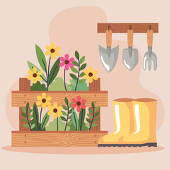flowers garden with tools
