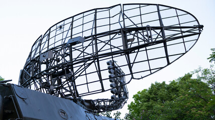 The antenna of a mobile radar station. Electronic warfare system.
