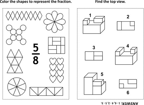 Two Visual Math Puzzles And Coloring Pages. Color The Shapes To Represent The Fraction. Find The Top View. Black And White. Answers Included.
