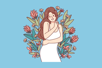 Happy woman hugging herself surrounded by flowers. Smiling girl feeling self-confident and optimistic. Body positive and love yourself concept. Vector illustration.  - obrazy, fototapety, plakaty